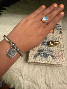 3 Piece Silver Heart Charm Bracelet, statement ring and hoop earrings